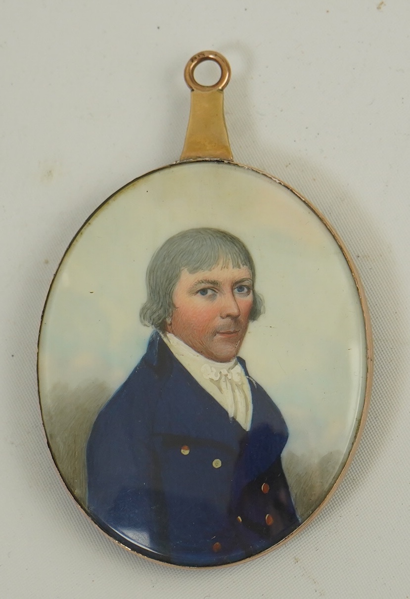 Frederick Buck (1771-1840), Miniature portrait of Sir Broderick Chinnery Bart M.P. (1742-1808), watercolour on ivory, 6.5 x 5.3cm, gold frame with hairwork back CITES Submission reference NQ7D4VC2